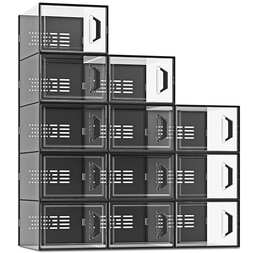 X-Large Shoe Storage Box Fit Size 11, Clear Plastic Stackable Shoe Organizer for Closet, Space Saving Sneaker Shoe Rack Containers Bins Holders for Entryway, Under Bed, 12 Pack Black
