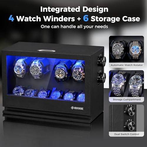 BEWISHOME Watch Winders for Automatic Watches, 4 Watch Winder | 6 Watch Display Case with Led Light 4 Modes, Automatic Watch Winder Box with Japanese Quiet Motor USB-C Adapter, Black SYQ04B