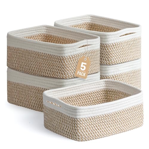 5 Pack Small Woven Storage Baskets for Shelves, Co... (Khaki & White | Cotton)