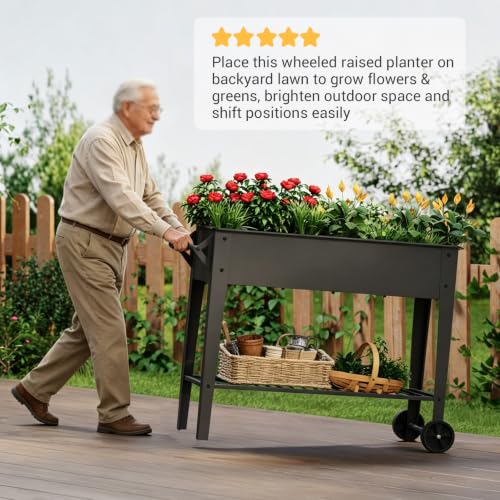 Mobile Raised Garden Bed with Legs and Wheels Metal Elevated Planter Box | 31.9" Tall with Handles Lower Storage Shelf & 5 Drain Holes for Vegetables Herbs Flowers,Garden Patio Balcony Backyard Garage