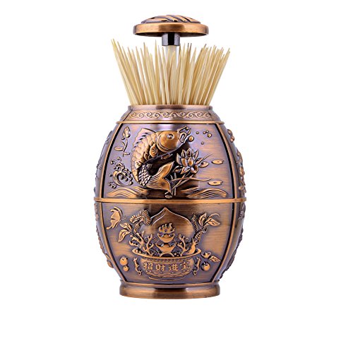Push Style Retro Metal Automatic Toothpick Holder, House Warming Gifts, Retractable Toothpicks Case Can Box Organizer Storage Container, for Home Restaurant Café Club Bar Hotel ( Red Bronze )