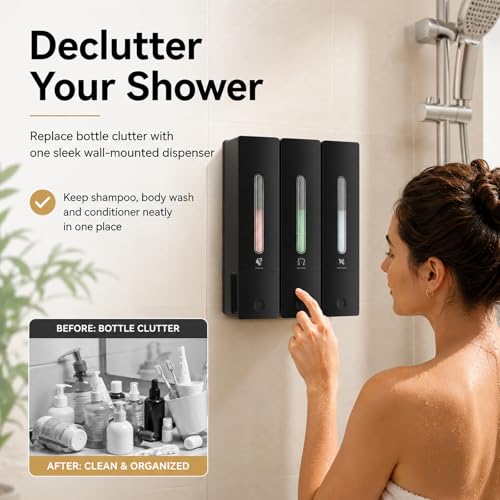 Shampoo and Conditioner Dispenser - Wall-Mounted 3-Chamber Shower Soap Dispenser, No-Drill, 1200ML Capacity, for Bathroom & Hotel