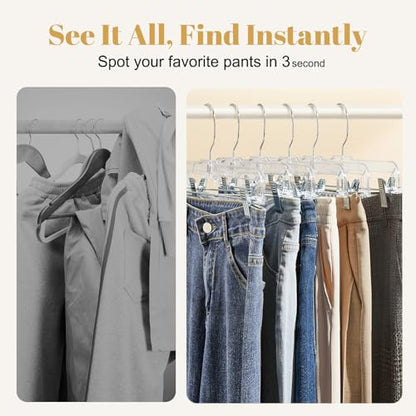 HOUSE DAY 14 Inch Clear Pants Hangers with Clips 12 Pack, Skirt Hangers | Adjustable Clip Hangers for Pants, Skirts, Jeans and Shorts, with No Marks Pads and 360° Swivel Hook, for Closet Organization