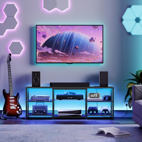 HOOBRO LED TV Stand for 65 Inch TVs with Charging Station, Gaming Entertainment Center with 3-Tier Open Storage, Long Media TV Console Table, TV Stand for Living Room, Bedroom, Black BB20UDDS01