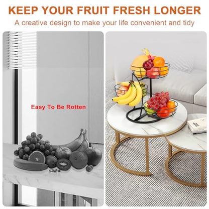Fruit Basket Bowl with Banana Hanger, Fruit Vegetable Storage Basket with Banana Tree Holder for Kitchen Counter, Detachable Organizer for Bread Snack Produce (Black, 3-Tier Metal Base)