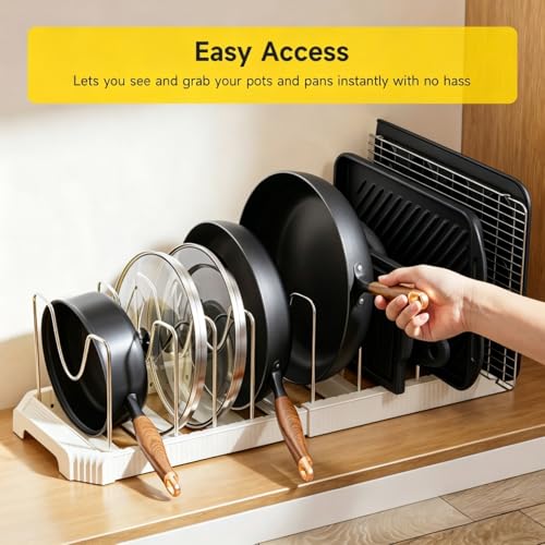 MUDEELA Pots and Pans Organizer under Cabinet, Pan Pot Organizer Inside Cabinet, Expandable 12.9''-21.88'' Pot Lid Organizer Holder with 10 Adjustable Dividers for Cutting Boards, Pan Lid Rack, White