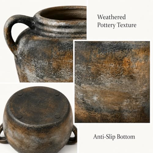 Rustic Utensil Holder for Kitchen Counter - Vintage Utensil Crock | 9.4" x 6.3" Wide Opening Ceramic Organizer, Handcraft Pottery Farmhouse Decor