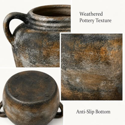 Rustic Utensil Holder for Kitchen Counter - Vintage Utensil Crock | 9.4" x 6.3" Wide Opening Ceramic Organizer, Handcraft Pottery Farmhouse Decor