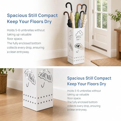 BEWBBAT Metal Umbrella Stand for Entryway, 6 x 6 x 17 Inch White Square Umbrella Organizer Bin, Free Standing Umbrella Holder,Walking Sticks, Home Office Decor