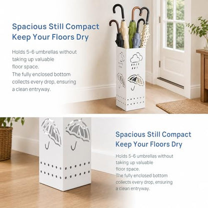 BEWBBAT Metal Umbrella Stand for Entryway, 6 x 6 x 17 Inch White Square Umbrella Organizer Bin, Free Standing Umbrella Holder,Walking Sticks, Home Office Decor