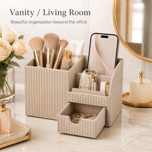 Luxury PU Leather Desk Organizer with Drawer, Modern Aesthetic Office Desk Accessories for Men & Women, Multi-Compartment Pen Holder & Desktop Storage Organizer for Home Office