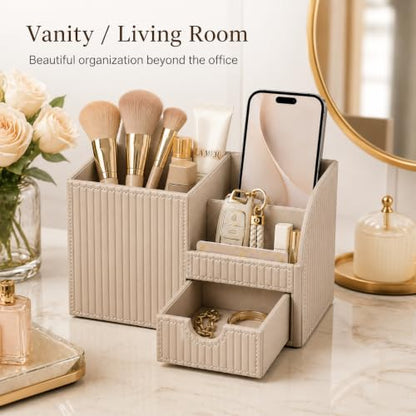 Luxury PU Leather Desk Organizer with Drawer, Modern Aesthetic Office Desk Accessories for Men & Women, Multi-Compartment Pen Holder & Desktop Storage Organizer for Home Office