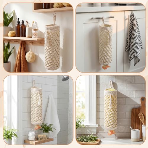 Plastic Bag Holder, Macrame Grocery Bag Storage Reusable Hanging Shopping Trash Bags Dispenser Boho Decor for Kitchen Closet Pantry Laundry Room, with 1 Traceless Hook