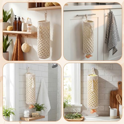 Plastic Bag Holder, Macrame Grocery Bag Storage Reusable Hanging Shopping Trash Bags Dispenser Boho Decor for Kitchen Closet Pantry Laundry Room, with 1 Traceless Hook