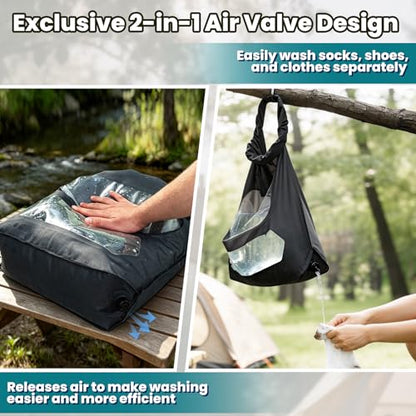 Portable Travel Washing Bag with 2-in-1 Air Valve Design | Travel Laundry Washing Bag Saves Water and Space for Camping, Cruise, Van Life, Lightweight Travel Laundry Solution