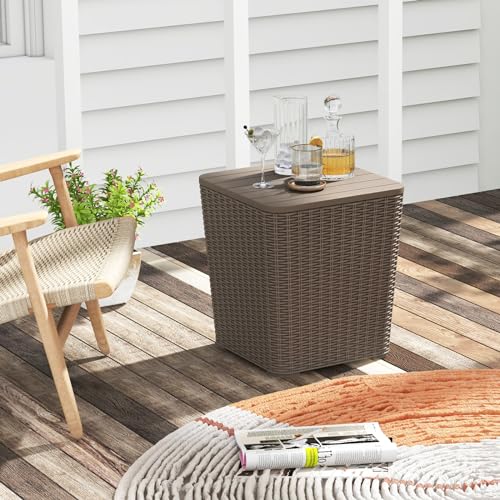 Giantex 11.5 Gallon Deck Box, Outdoor Side Table with Removable Lid, Faux Wicker-Woven, 330Lbs Capacity, Outside Waterproof Storage Box, Resin Rattan Small Coffee Table for Patio Poolside (Brown)