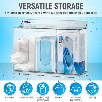 LLC Clear Acrylic Medical Organizer Hygiene Station with Lid - 3 Compartment Glove Dispenser Wall Mount Container for Face Masks, Hairnet, Glovebox - Hair Net Dispenser