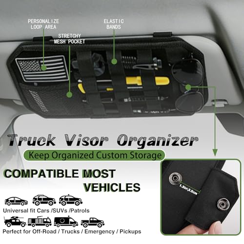 Car Sun Visor Organizer, Tactical Molle Panel Visor Storage Organizer with Sunglasses Holder for Police Gear & Overland Accessories, Universal Fit for Trucks, SUVs, Jeeps & Patrols, Black