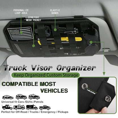Car Sun Visor Organizer, Tactical Molle Panel Visor Storage Organizer with Sunglasses Holder for Police Gear & Overland Accessories, Universal Fit for Trucks, SUVs, Jeeps & Patrols, Black