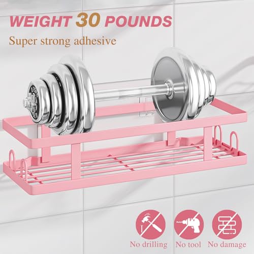 Adhesive Shower Caddy,Shower Shelves with Soap Holder and 12 Hooks,No Drilling Bathroom Organizer and Storage,Pink,3 Pack