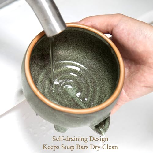 Soap Dish with Drainage, Ceramic Self Draining bar Soap Holder | Soap saver for shower, bathroom, kitchen sink, countertop. Keeps bar dry & lasts longer. Round Avocado Green