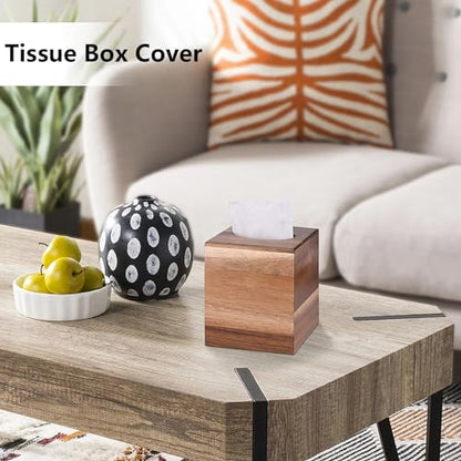 Tissue Box Cover Square, Acacia Wood Tissue Box Holder with Slide-Out Bottom, Wooden Tissue Box Cover Cube for Bathroom, Bedroom, Dinner Table, Office,Kitchen | with Slide-Out Bottom，for Bathroom, Bedroom, Dinner Table,Office,Kitchen