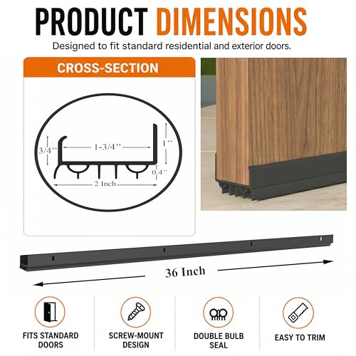 Door Sweep for Bottom of Door, Exterior Door Seal 36”, Fits Standard 1-3/4” Doors, Adjustable Fit, Blocks Draft, Noise, Dust & Bugs, Heavy Duty uPVC, Easy Install with Screws (2, Black)