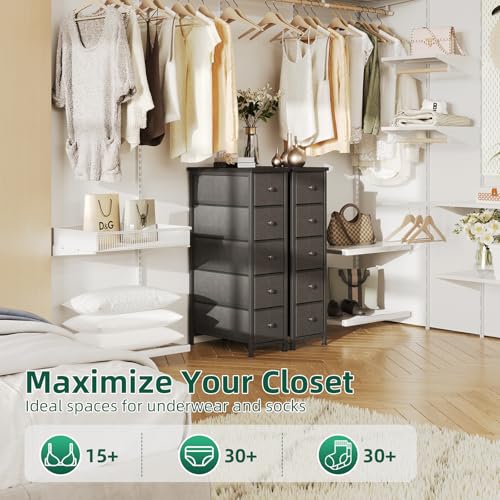 Narrow Dresser, 19" Wide Narrow Nightstand Dresser Storage Tower with 5 Drawers, Slim Fabric Dressers Chest of Drawers for Small Spaces, Wood Top & Fabric Bins for Bedroom Bathroom Closet (Black)