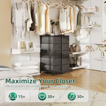 Narrow Dresser, 19" Wide Narrow Nightstand Dresser Storage Tower with 5 Drawers, Slim Fabric Dressers Chest of Drawers for Small Spaces, Wood Top & Fabric Bins for Bedroom Bathroom Closet (Black)