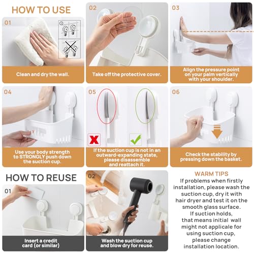 Shower Caddy Suction Cup, Shower Organizer Removable Bathroom Shelf, Storage Suction Powerful Max Hold 22lbs Bathroom Caddy Waterproof Holder, White