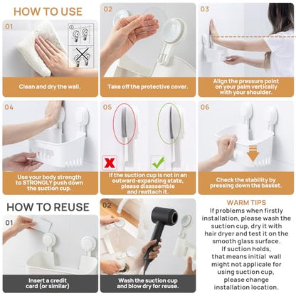 Shower Caddy Suction Cup, Shower Organizer Removable Bathroom Shelf, Storage Suction Powerful Max Hold 22lbs Bathroom Caddy Waterproof Holder, White