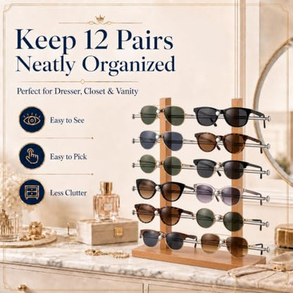 Sunglasses Display Stand, Eyewear Organizer Rack,12 Pair | Beechwood Color, Double-tower Countertop Glasses Holder, Eyeglass Display for Retail Shop, Boutique, Trade Show and Home