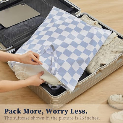 Ohocut Checkered 2 Pcs Large Travel Laundry Bags for Dirty Clothes, Aesthetic Trendy Waterproof Washable Laundry Bag with Handle for Travel, Gym, Swimming Pool, Blue
