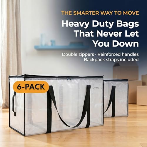 ClearSpace Oversized Moving Bags or Storage Bag – Large Moving Boxes with Backpack Straps, Zippers & Handles – Heavy-Duty Packing Bags for Moving, College Dorm, Christmas Decorations, 6 Pack