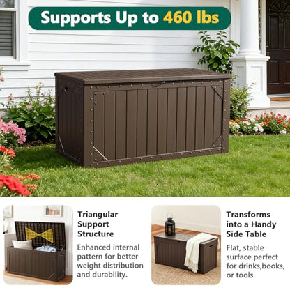 Outdoor Storage Box, 98 Gallon Deck Box, Outdoor Storage Bench, Waterproof Resin Storage Bench with Lockable Lid, Patio Furniture Cushions & Garden Tools Storage, UV Resistant (Brown)