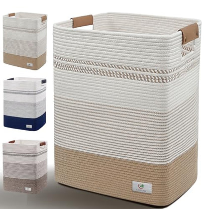 Large Laundry Hamper Basket, 85L Cotton Rope Woven Storage Bin for Blankets, Dirty Clothes Toys, Decorative Tall Basket with Leather Handles for Living Room, Bedroom, Bathroom, Nursery, Jute