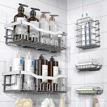 EUDELE 5-Pack Adhesive Shower Caddy Organizer, Large Capacity Rustproof Stainless Steel Shower Shelves, No Drill Bathroom Storage for Shower, Kitchen & Home Decor