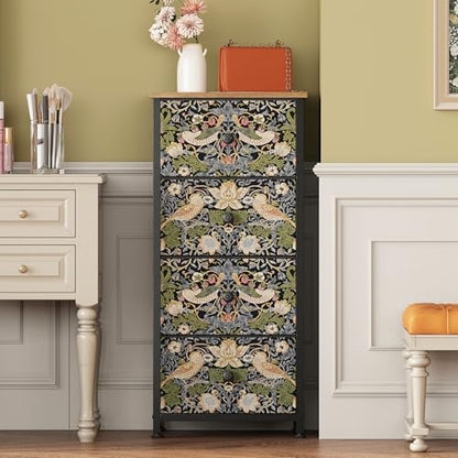Dresser for Bedroom with 4 Drawer Strawberry Thief Dresser Vintage Storage Tower Unit Nightstand for Living Room Hallway Kids Room Closet Sturdy Steel Frame Wooden Top, Brown