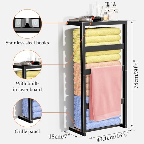 Bamboo Wall Blanket Ladder, 4-Tier Towel Racks, Blanket Holder with Anti-Slip Construction Home Decor, Decorative Blanket, Quilt, Towel, Scarf Ladder Shelves for Bathroom, Living Room, Bedroom, Black