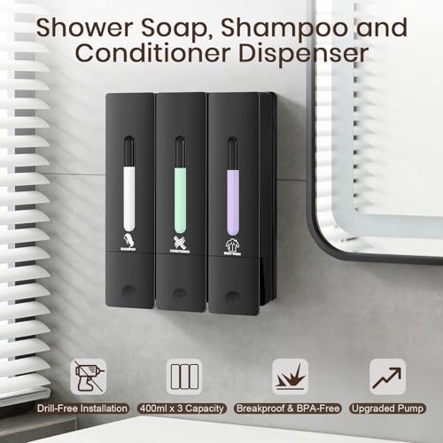 3 Chamber Shampoo and Conditioner Dispenser Set, No Drill Shower Soap | Refillable wall-mounted bottles, BPA-free. 3x400ml. Bathroom, shower, hotel. Dispenses body wash, soap, lotion, gel. Black.