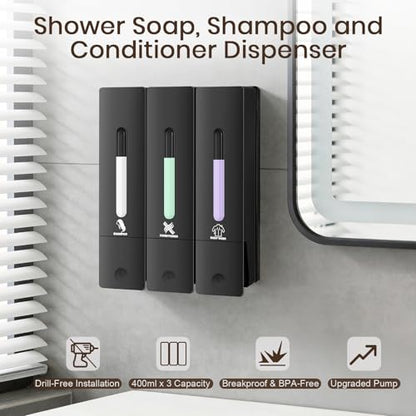 3 Chamber Shampoo and Conditioner Dispenser Set, No Drill Shower Soap | Refillable wall-mounted bottles, BPA-free. 3x400ml. Bathroom, shower, hotel. Dispenses body wash, soap, lotion, gel. Black.