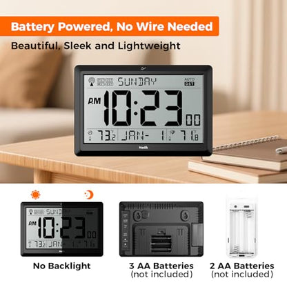 Atomic Wall Clock with Indoor Outdoor Temp, Digital Clocks (Black) | 10.5 inch Clocks Battery Operated DST Atomic Clock Wall for Living Room Bedroom Temperature Humidity Weather Station Clock