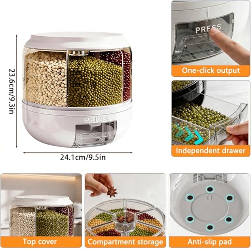 Rotating Grain Storage Bin 6 Grids Rice Container One-Click Output Large Capacity Food Dispenser For Rice Grains Sealed Moisture Proof Organizer (Black)