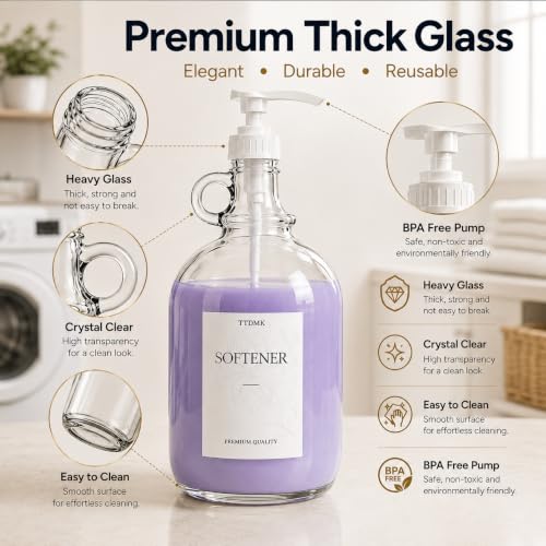 2 Pack Glass Laundry Detergent Dispensers, 64 oz Half Gallon Bottles | Includes Pumps, Waterproof Labels, Funnels and Measuring Cups. Ideal for Organizing Laundry Detergent and Fabric Softener.