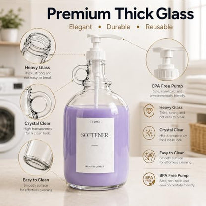 2 Pack Glass Laundry Detergent Dispensers, 64 oz Half Gallon Bottles | Includes Pumps, Waterproof Labels, Funnels and Measuring Cups. Ideal for Organizing Laundry Detergent and Fabric Softener.