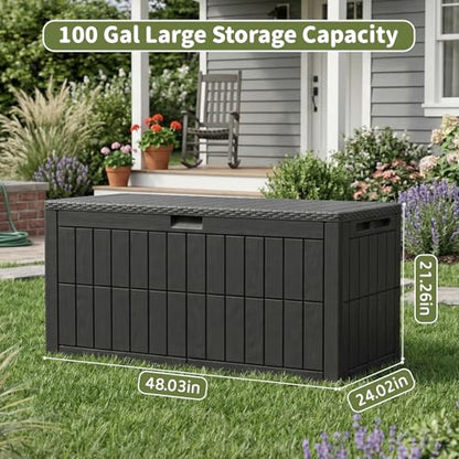 Outdoor Storage Box, 100 Gallon Waterproof Lockable Deck Box | Resin Storage Bin for Patio Furniture Cushions, Garden Tools, Pool Supplies Organization, Indoor & Outdoor Use