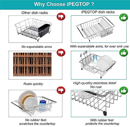 Expandable Dish Drying Rack Over Sink, Rustproof Stainless Steel Basket Shelf, Multifunctional Dish Drainer Organizer with Utensil Cutlery Holder