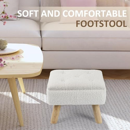 Storage Ottoman, Small Foot Stool Ottoman with Storage, Boucle Teddy Velvet Foot Rest with Padded Seat, Sturdy Wood Legs Stool for Living Room, Bedroom, Couch, Enterway (Cream)