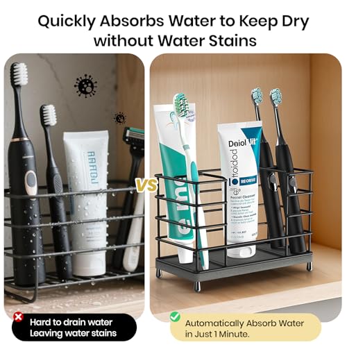 Toothbrush Holder with Quick Drying Mat—Toothbrush and Toothpaste Holders for Bathrooms—5 Slots Openwork Design Black Toothbrush Holder Set,Bathroom Counter Organizer for Electric Toothbrush