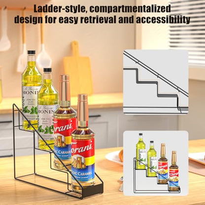 Coffee Syrup Organizer for Countertop, Stepped Syrup Rack Holds 4 Bottles, Freestanding Coffee Bar Organizer, Heavy Duty Carbon Steel Storage Rack for Home, Kitchen, Café & Bar